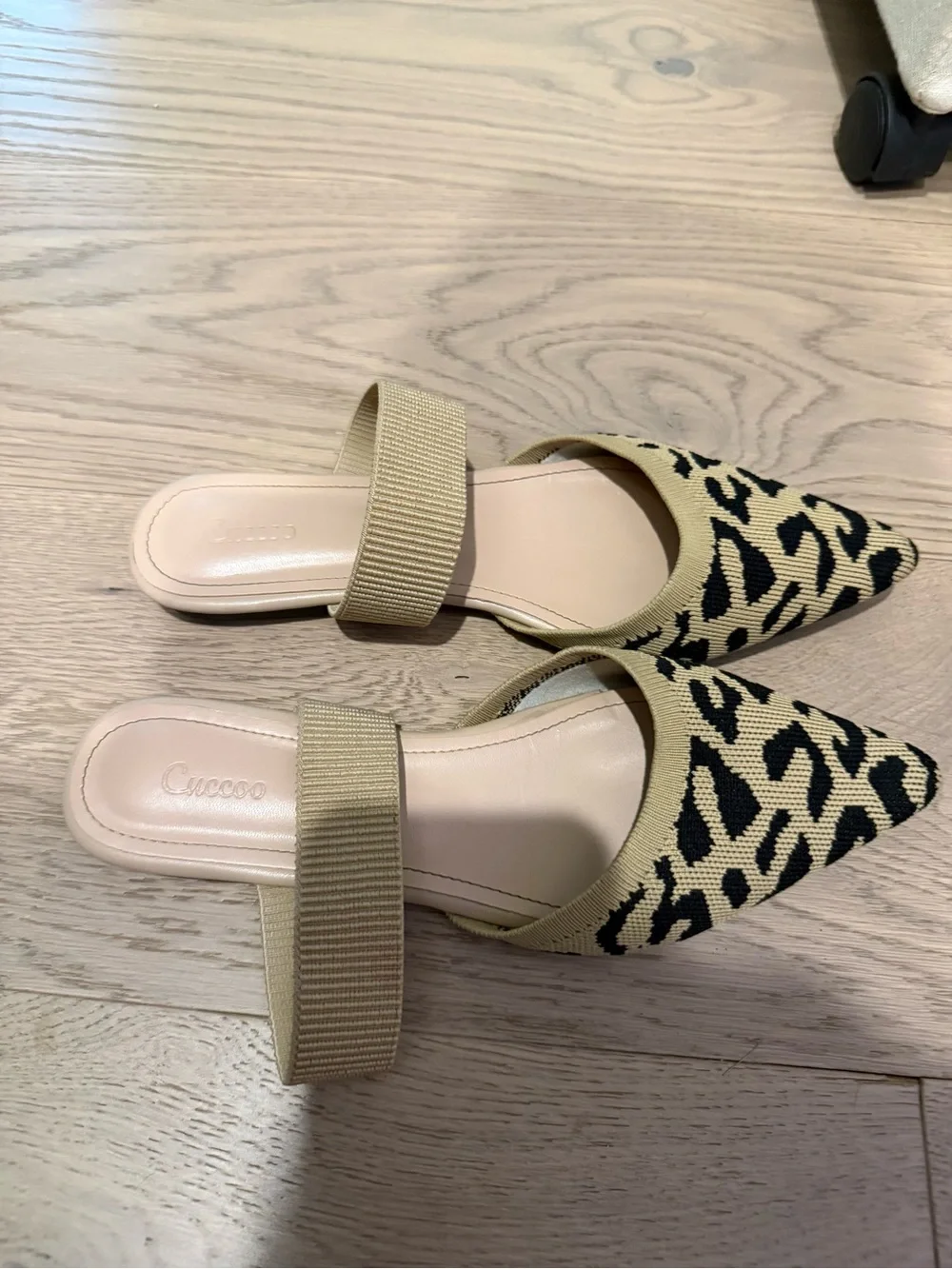 Beige and Black Leopard Pointed Toe D'Orsay Flats - Women